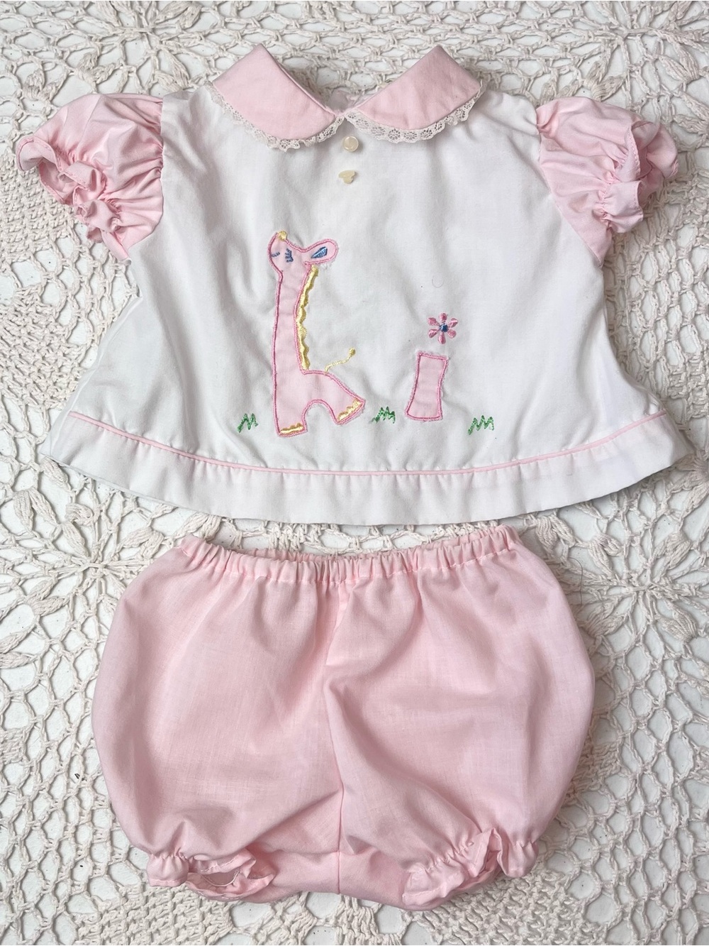 Vintage 1980s Tiny Tots Baby Girl Newborn Hi Giraffe Pink Dress Bloomer Set